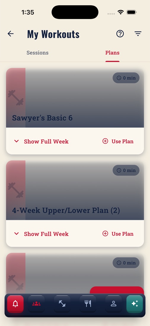 My Workouts screen listing training plans